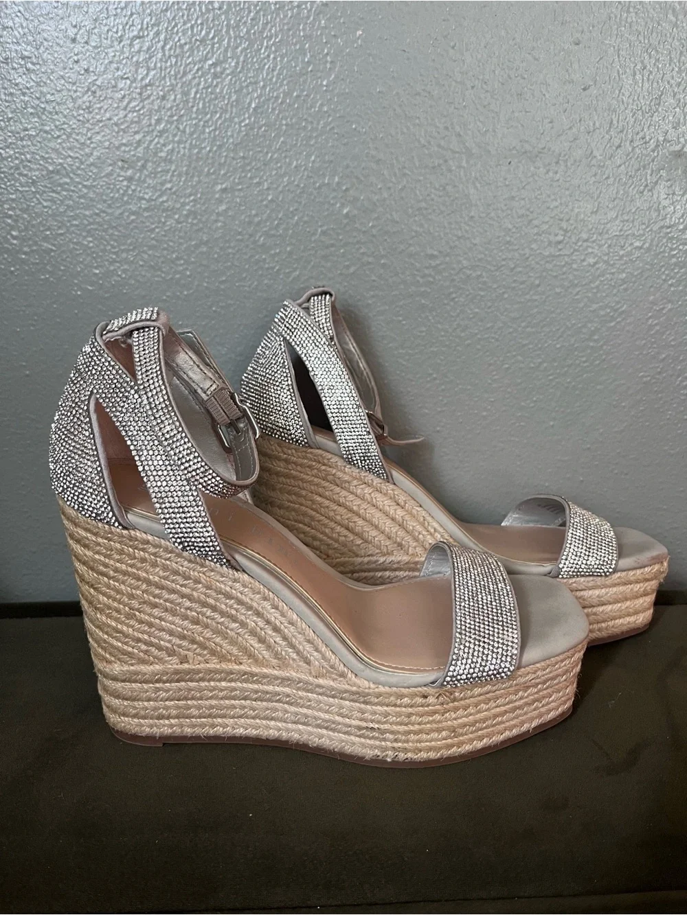 Gianni Bini Silver Rhinestone Espadrille Wedge Sandals